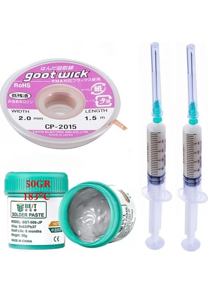 BST-509-JP Krem Lehim Sıvı Lehim Solder Paste 50GR Lehim Emme Temizleme Teli 2,0mm