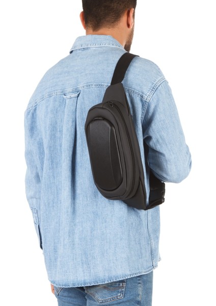 Erkek Siyah Deri Crossbody Çapraz Göğüs Omuz ve Bel Çantası NEW335