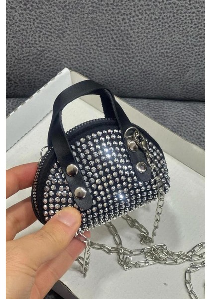 Siyah(Beyaztaş) Süet Kumaş, Tek Bölmeli, Zincir Askılı,fermuarlı, Taşlı, Mini El ve Omuz Çantası 10 cm fırsatları