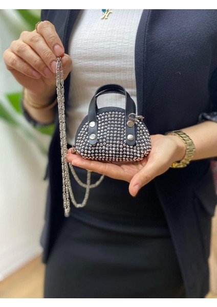 Siyah(Beyaztaş) Süet Kumaş, Tek Bölmeli, Zincir Askılı,fermuarlı, Taşlı, Mini El ve Omuz Çantası 10 cm indirimleri