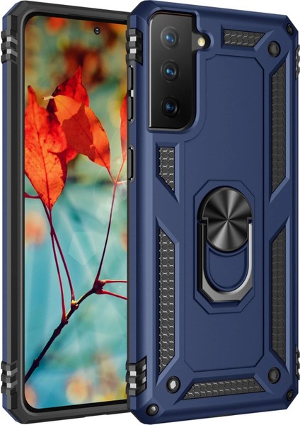 Samsung Galaxy S21 Plus Kılıf Sofya Yüzüklü Silikon Kapak - Lacivert Ynsmr
