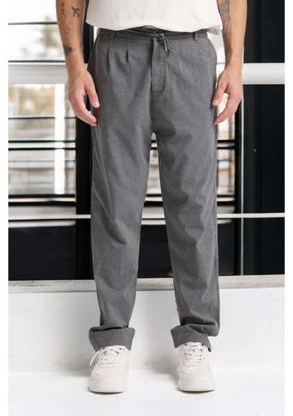 Önü Çift Pileli Fermuarlı Beli Lastikli Jogger Erkek Pantolon - Füme fiyatları