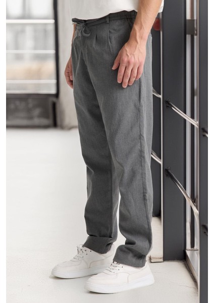 Önü Çift Pileli Fermuarlı Beli Lastikli Jogger Erkek Pantolon - Füme
