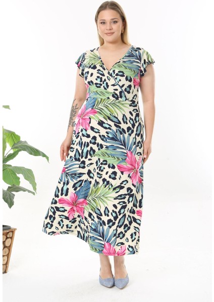 Kadın Pembe Mavi Tropikal Leopar Desen Fırfır Kol Kruvaze Yaka Büyük Beden Maxi Elbise