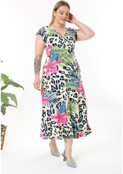 Kadın Pembe Mavi Tropikal Leopar Desen Fırfır Kol Kruvaze Yaka Büyük Beden Maxi Elbise fiyatları