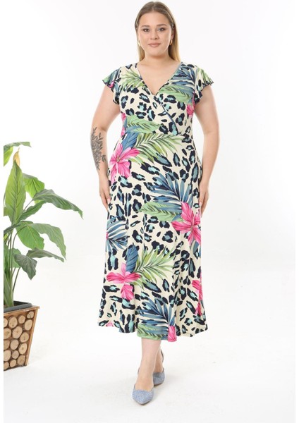 Kadın Pembe Mavi Tropikal Leopar Desen Fırfır Kol Kruvaze Yaka Büyük Beden Maxi Elbise modelleri