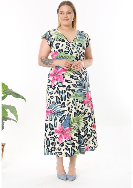 Kadın Pembe Mavi Tropikal Leopar Desen Fırfır Kol Kruvaze Yaka Büyük Beden Maxi Elbise fırsatları