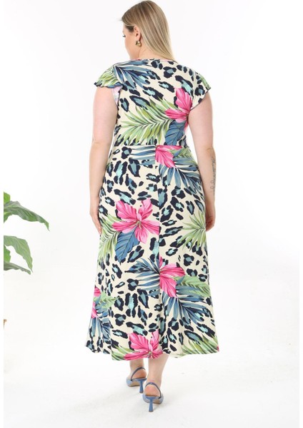 Kadın Pembe Mavi Tropikal Leopar Desen Fırfır Kol Kruvaze Yaka Büyük Beden Maxi Elbise indirimleri