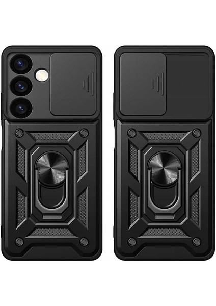 Samsung Galaxy S24 Sürgülü Kamera Koruyucu Metal Halka Ayaklı Stand Çizilmez Kılıf Case