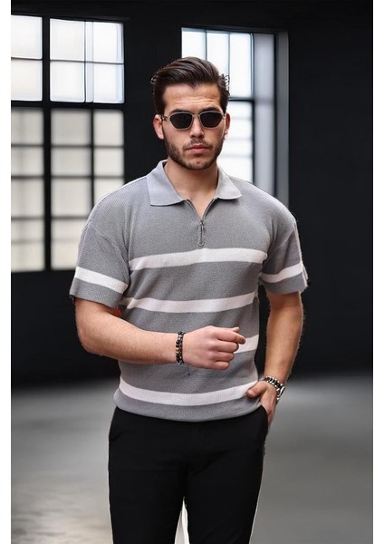 Yarım Fermuar Çizgili Oversize Triko T-Shirt - Gri