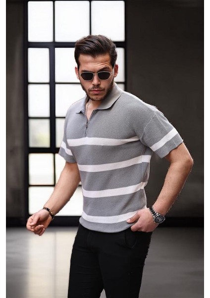 Yarım Fermuar Çizgili Oversize Triko T-Shirt - Gri