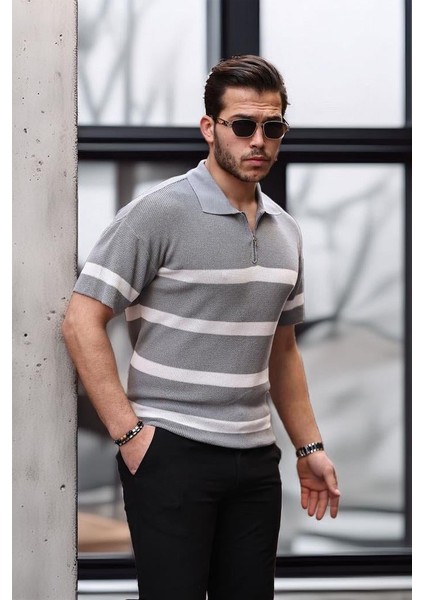 Yarım Fermuar Çizgili Oversize Triko T-Shirt - Gri