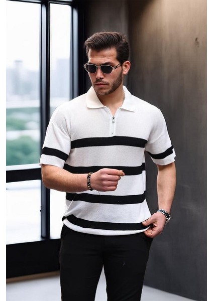 Yarım Fermuar Çizgili Oversize Triko T-Shirt - Beyaz