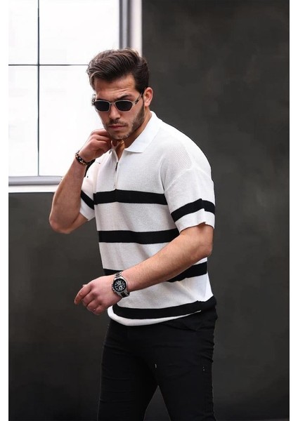Yarım Fermuar Çizgili Oversize Triko T-Shirt - Beyaz