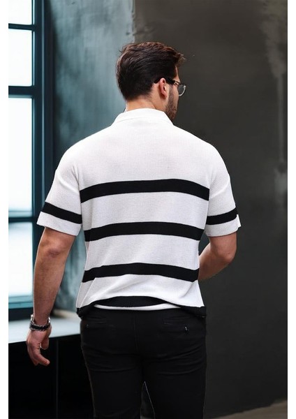 Yarım Fermuar Çizgili Oversize Triko T-Shirt - Beyaz