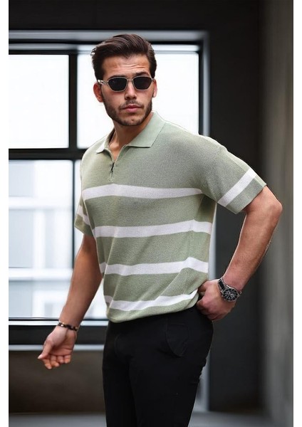 Yarım Fermuar Çizgili Oversize Triko T-Shirt - Yeşil