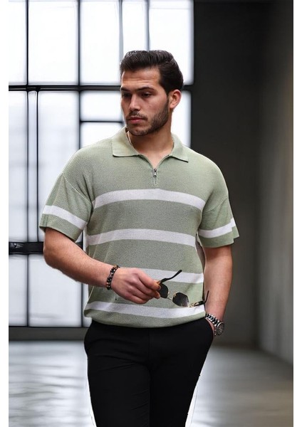 Yarım Fermuar Çizgili Oversize Triko T-Shirt - Yeşil