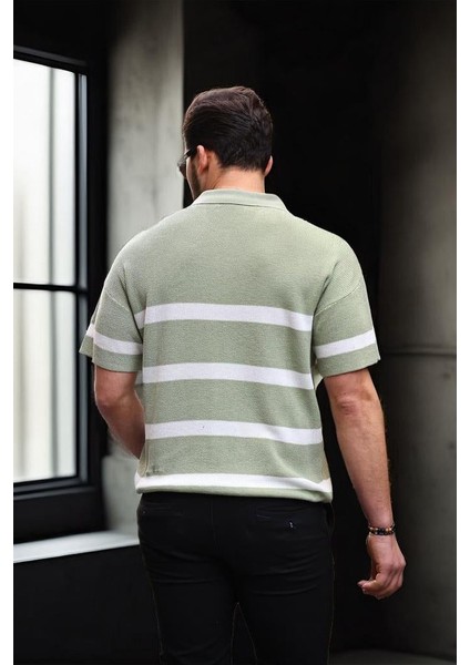 Yarım Fermuar Çizgili Oversize Triko T-Shirt - Yeşil