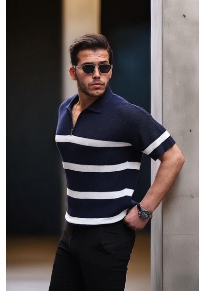 Yarım Fermuar Çizgili Oversize Triko T-Shirt - Lacivert