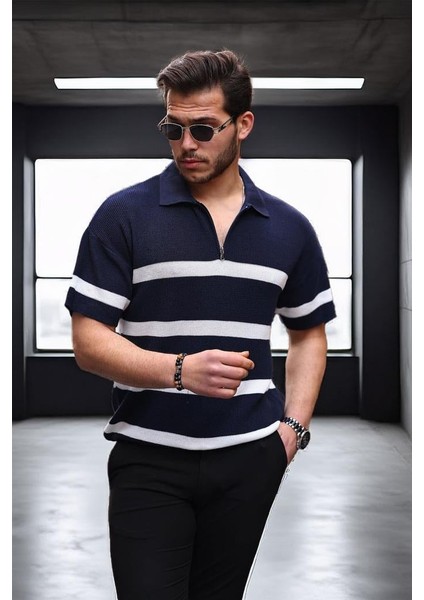 Yarım Fermuar Çizgili Oversize Triko T-Shirt - Lacivert