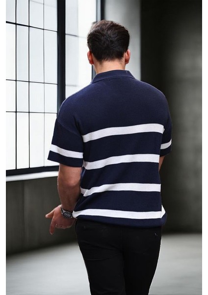 Yarım Fermuar Çizgili Oversize Triko T-Shirt - Lacivert