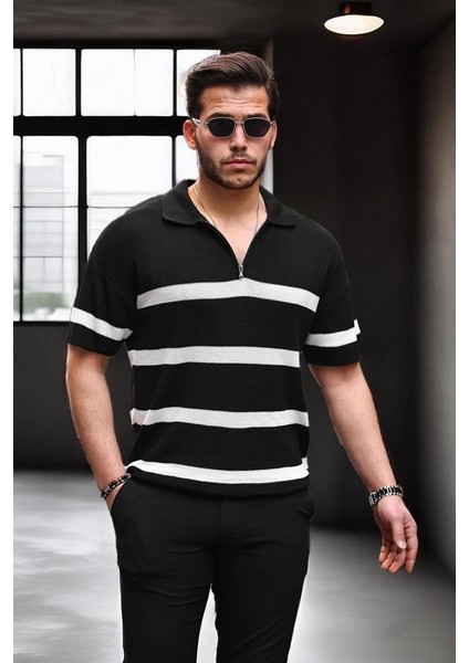 Yarım Fermuar Çizgili Oversize Triko T-Shirt - Siyah