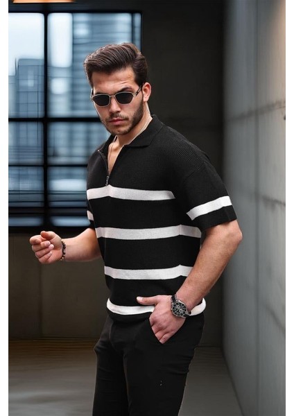 Yarım Fermuar Çizgili Oversize Triko T-Shirt - Siyah modelleri