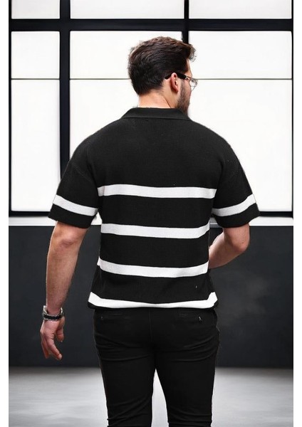 Yarım Fermuar Çizgili Oversize Triko T-Shirt - Siyah fırsatları