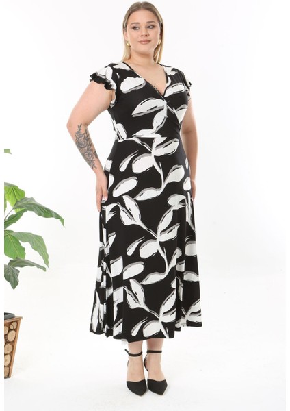 Kadın Siyah Beyaz Soyut Desen Fırfır Kol Kruvaze Yaka Büyük Beden Maxi Elbise fiyatları