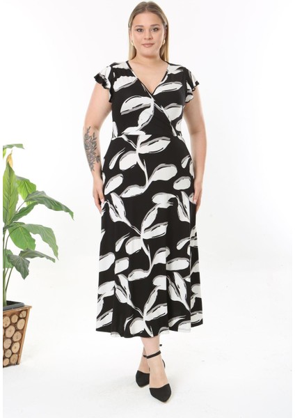 Kadın Siyah Beyaz Soyut Desen Fırfır Kol Kruvaze Yaka Büyük Beden Maxi Elbise modelleri