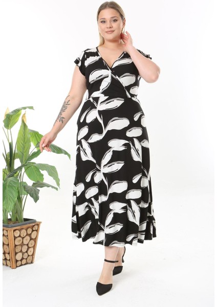 Kadın Siyah Beyaz Soyut Desen Fırfır Kol Kruvaze Yaka Büyük Beden Maxi Elbise fırsatları