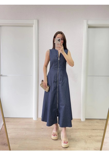 Jeans Kot Önü Tam Fermuarlı Uzun Elbise - Mavi