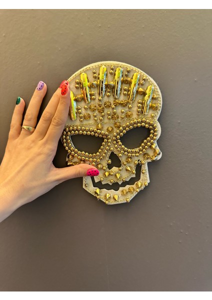 Altın Sarısı Boncuk Işleme Kuru Kafa Arma Dikiş Aplike 21X15 cm fiyatları