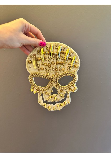Altın Sarısı Boncuk Işleme Kuru Kafa Arma Dikiş Aplike 21X15 cm modelleri
