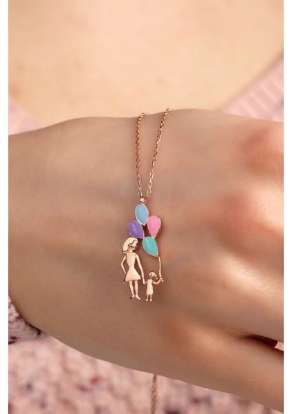 Kadın Orjinal 925 Ayar Gümüş Lazer Mineli Anne Kız Balon Model Kolye