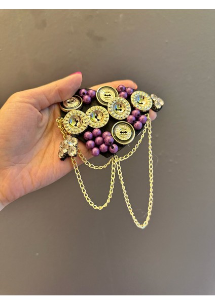 13X7 cm Düğme Detaylı Mor Boncuklu Zincirli Arma Apolet Aplike