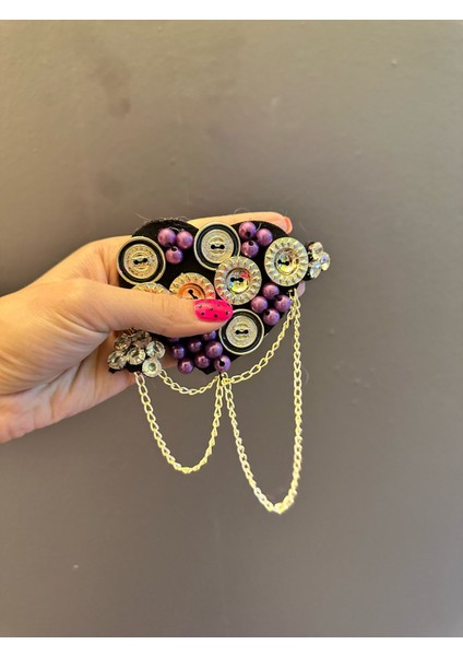 13X7 cm Düğme Detaylı Mor Boncuklu Zincirli Arma Apolet Aplike fiyatları