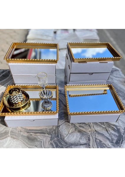 1 Adet Dikdörtgen Cam Aynalı Plastik Gold Tepsi Sunum Tepsisi 19*26CM