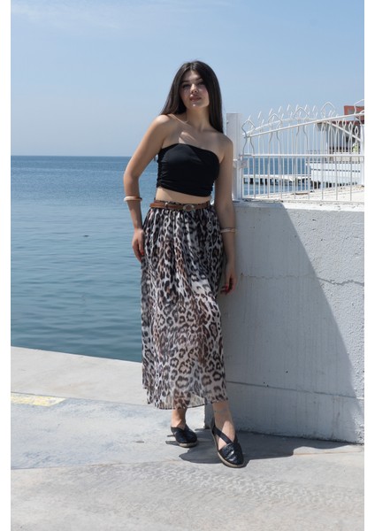 Kemerli Leopar Desen Şifon Astarlı Etek 6800