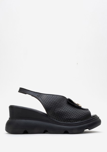 Kadın Dolgu Topuk Tokalı Casual Sandalet Gerçek Deri Zy 8067 Siyah