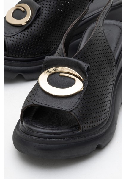 Kadın Dolgu Topuk Tokalı Casual Sandalet Gerçek Deri Zy 8067 Siyah modelleri