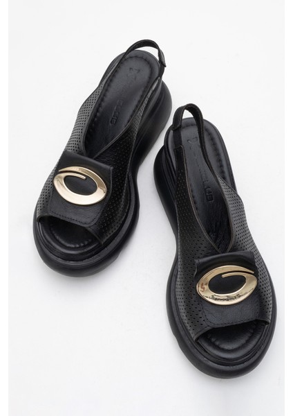 Kadın Dolgu Topuk Tokalı Casual Sandalet Gerçek Deri Zy 8067 Siyah indirimleri