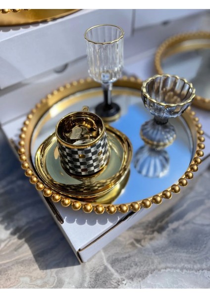 1 Adet Yuvarlak Cam Aynalı Plastik Gold Tepsi Sunum Tepsisi 24CM fiyatları