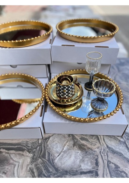 1 Adet Yuvarlak Cam Aynalı Plastik Gold Tepsi Sunum Tepsisi 24CM modelleri