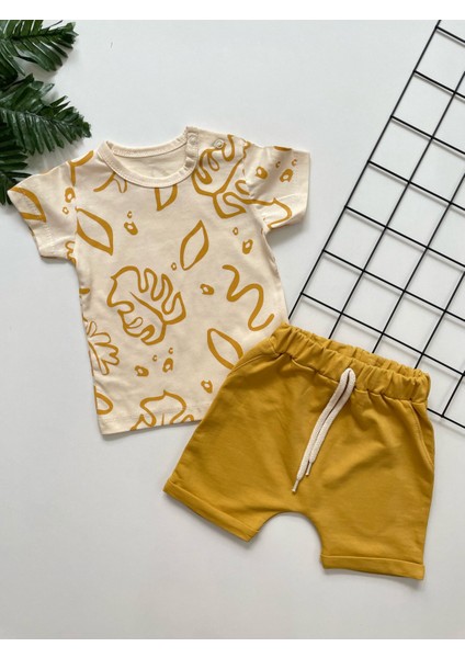 Çocuks Yaprak Desenli Erkek Bebek Hardal Renk 2'li Takım