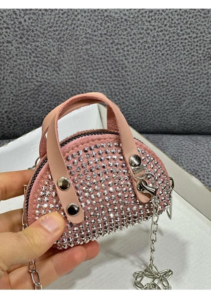 Pudra Süet Kumaş, Tek Bölmeli, Zincir Askılı,fermuarlı, Taşlı, Mini El ve Omuz Çantası 10 cm fırsatları