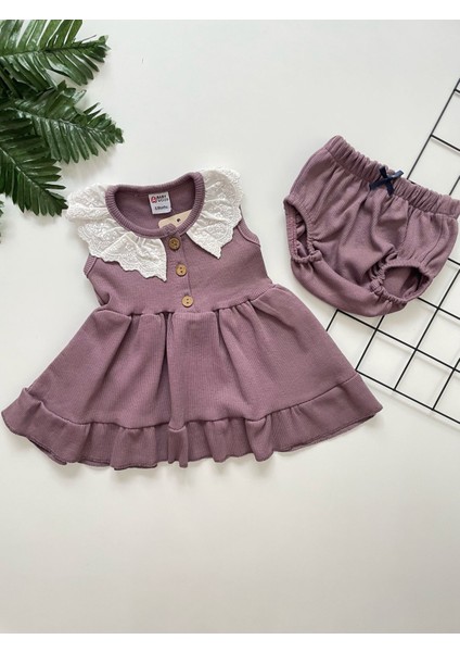 Dantel Yaka Detaylı Şortlu Kız Bebek Mor Elbise