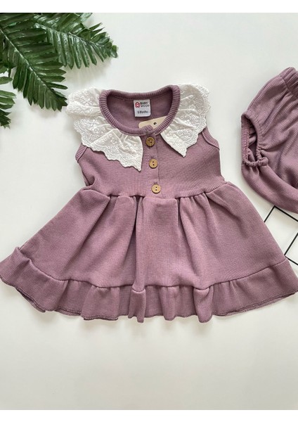 Dantel Yaka Detaylı Şortlu Kız Bebek Mor Elbise modelleri