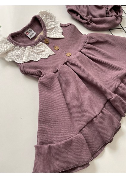 Dantel Yaka Detaylı Şortlu Kız Bebek Mor Elbise fırsatları