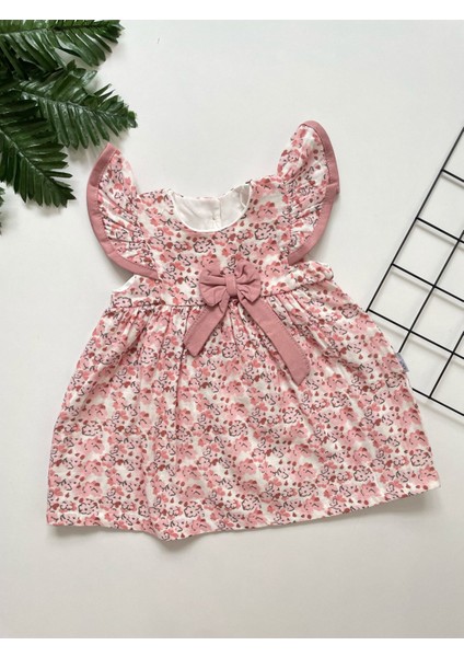 Minicixbebe Çiçekli Fiyonk Detaylı Kız Bebek Müslin Elbise